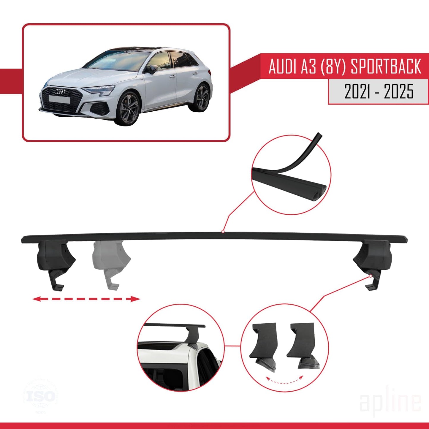 Compatible with Audi A3 (8Y) Sportback 2020-2025 ACE-4 Car Roof Rack Cross Bar Black Aluminium 2 Bars