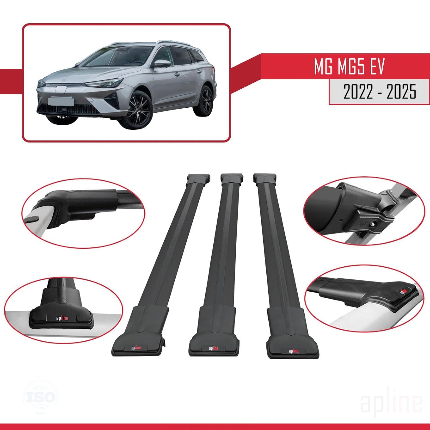 Compatible with MG 5 EV 2022-2025 Fly Model Car Roof Rack Cross Bar Black Aluminium 3 Bars