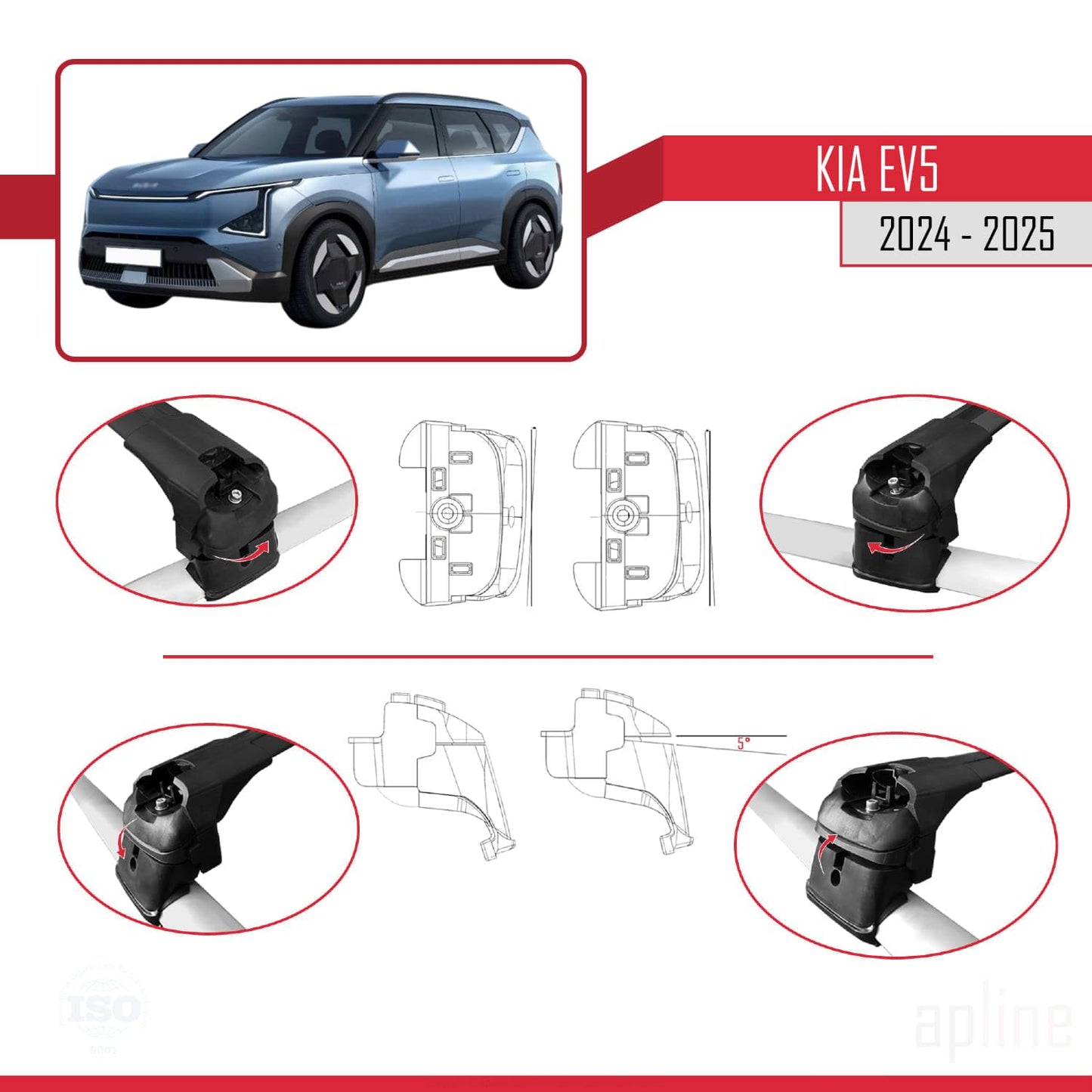 Compatible with Kia EV5 2024-2025 ACE-2 Car Roof Rack Cross Bar Black Aluminium 2 Bars