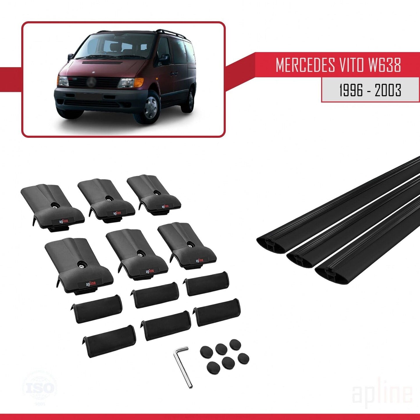 Compatible with Mercedes Vito (W638) 1996-2003 Fly Model Car Roof Rack Cross Bar Black Aluminium 3 Bars