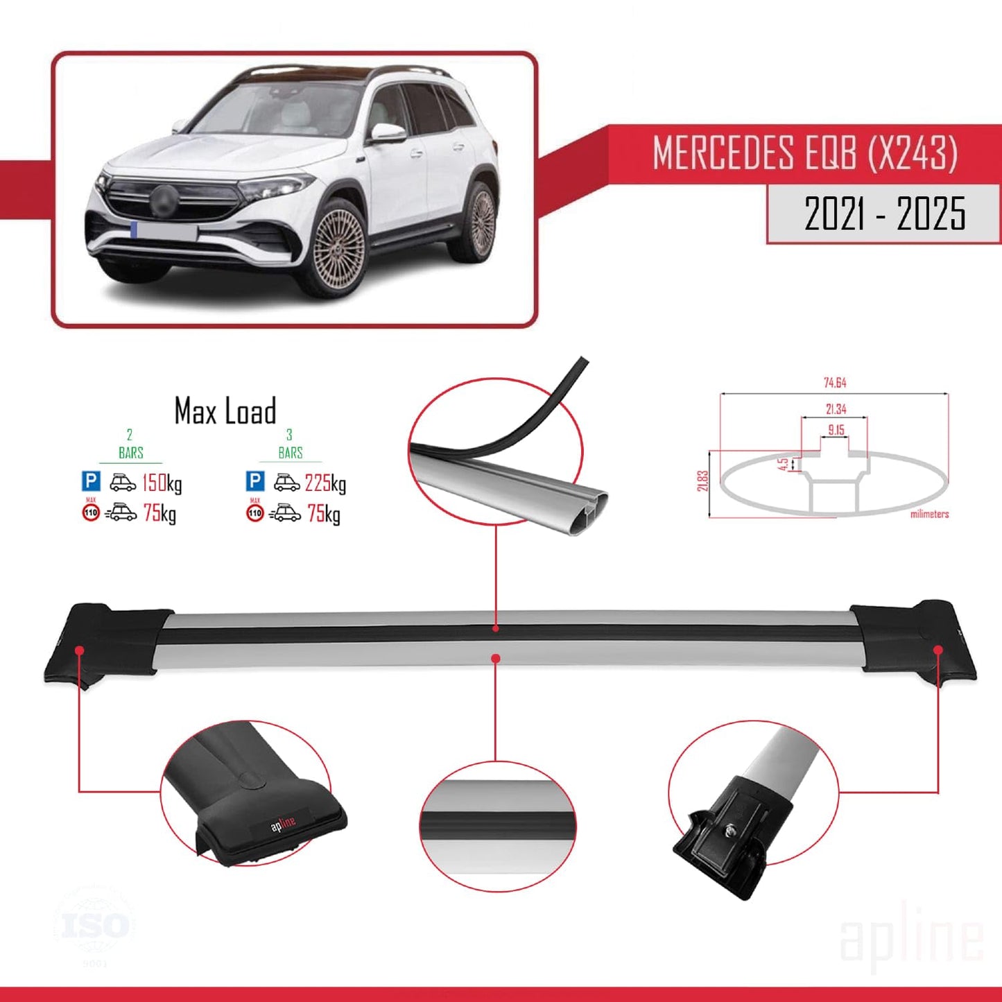 Compatible with Mercedes EQB (X243) 2021-2025 Fly Model Car Roof Rack Cross Bar Grey Aluminium 2 Bars