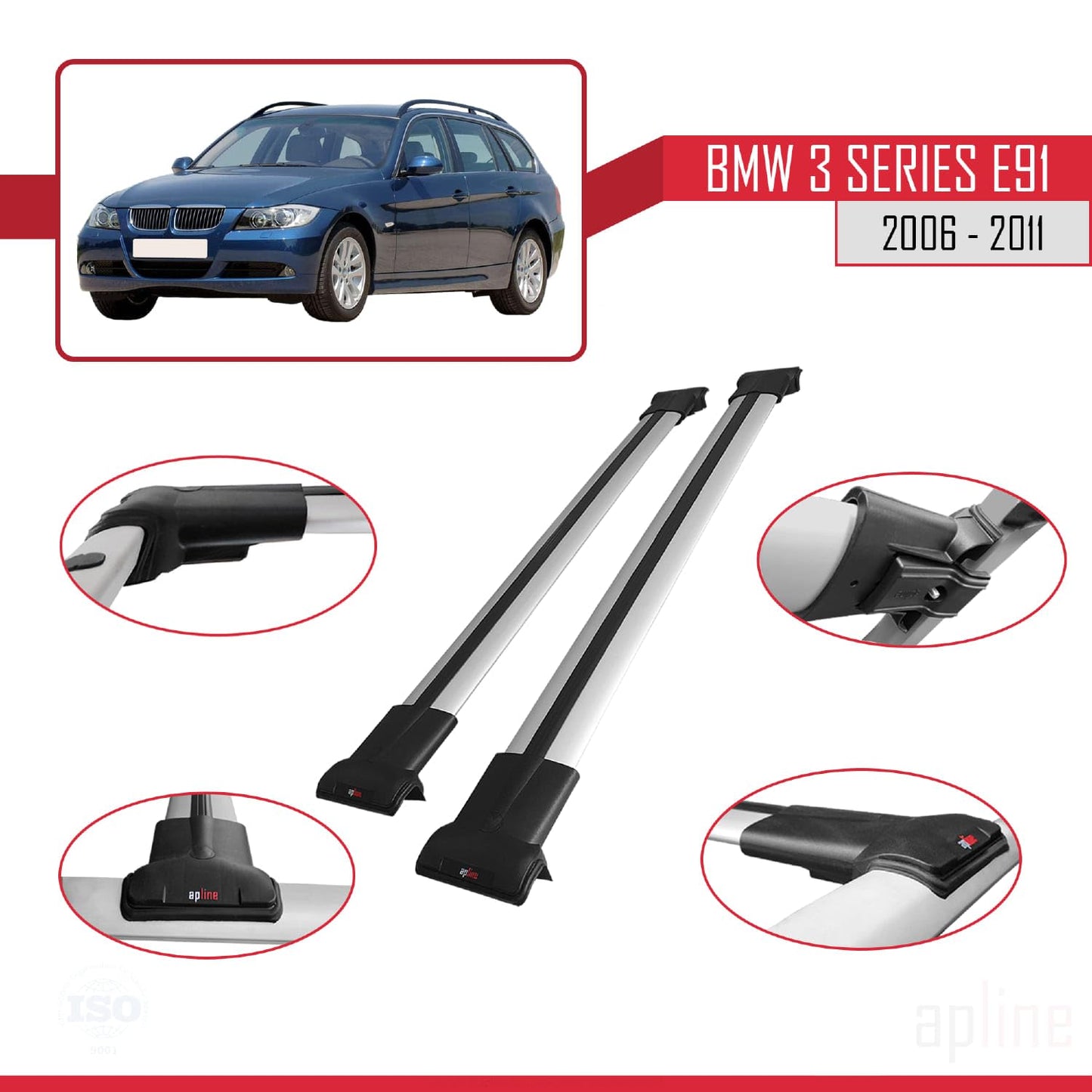 Compatible with BMW 3 Series E91 Touring 2006-2011 Fly Model Car Roof Rack Cross Bar Grey Aluminium 2 Bars