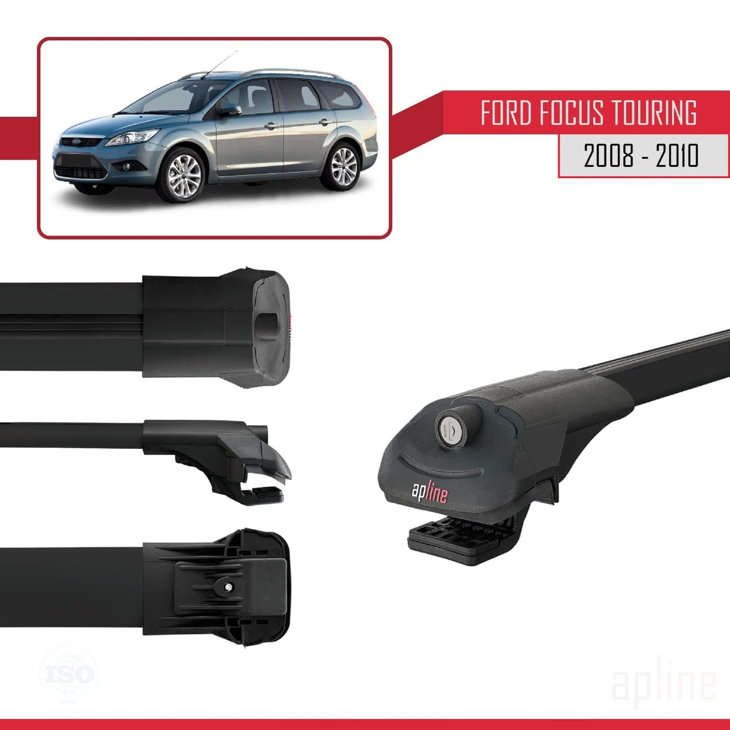 Compatible with Ford Focus 2 (C307) Turnier 2008-2010 ACE-1 Car Roof Rack Cross Bar Black Aluminium 3 Bars