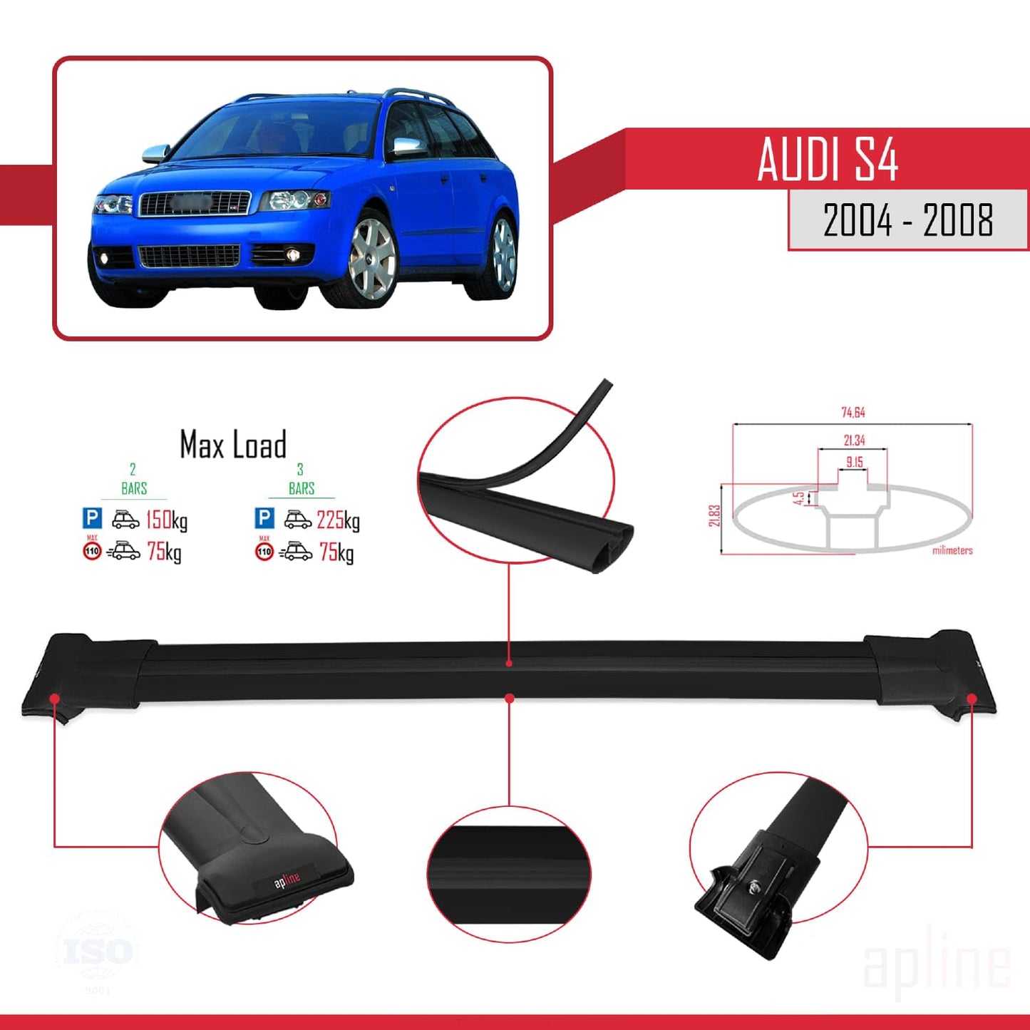 Compatible with Audi S4 2004-2008 Fly Model Car Roof Rack Cross Bar Black Aluminium 2 Bars