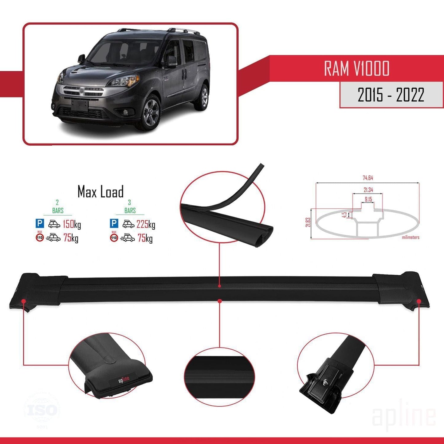 Compatible with Ram V1000 2015-2022 Fly Model Car Roof Rack Cross Bar Black Aluminium 2 Bars