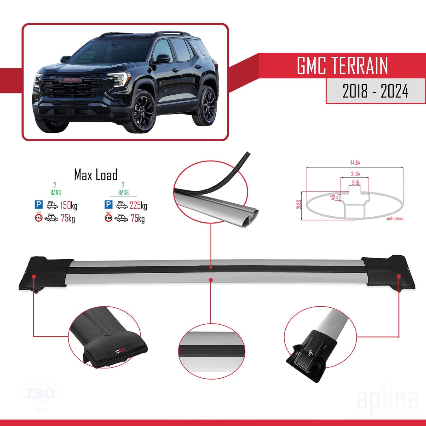 Compatible with GMC Terrain 2018-2024 Fly Model Car Roof Rack Cross Bar Grey Aluminium 2 Bars