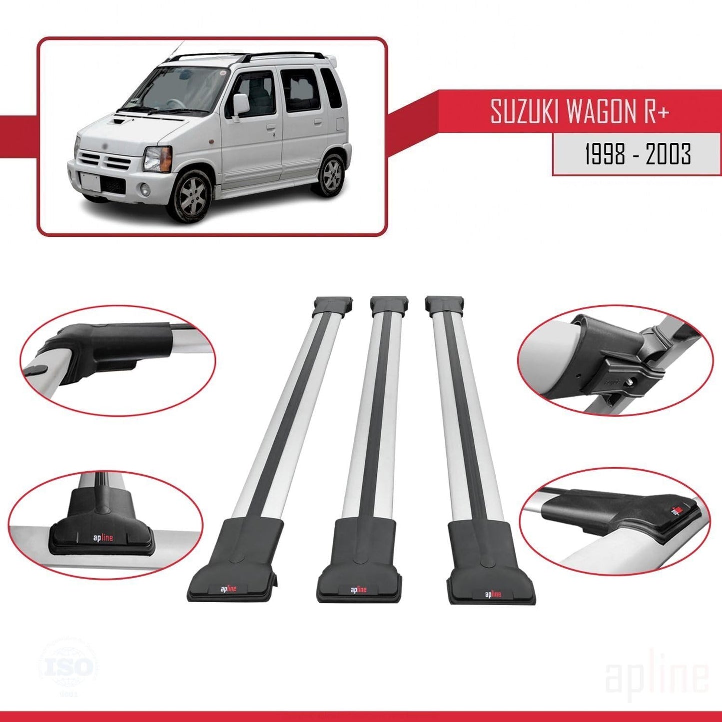 Compatible with Suzuki Wagon R+ 1998-2003 Fly Model Car Roof Rack Cross Bar Grey Aluminium 3 Bars