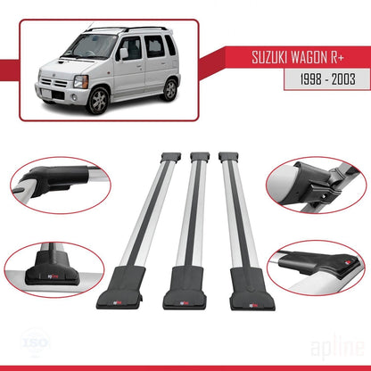 Compatible with Suzuki Wagon R+ 1998-2003 Fly Model Car Roof Rack Cross Bar Grey Aluminium 3 Bars