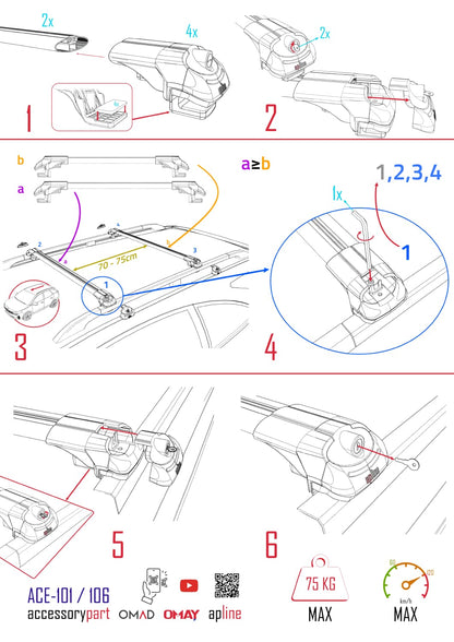 Compatible with Peugeot 307 SW 2002-2008 ACE-1 Car Roof Rack Cross Bar Grey Aluminium 2 Bars