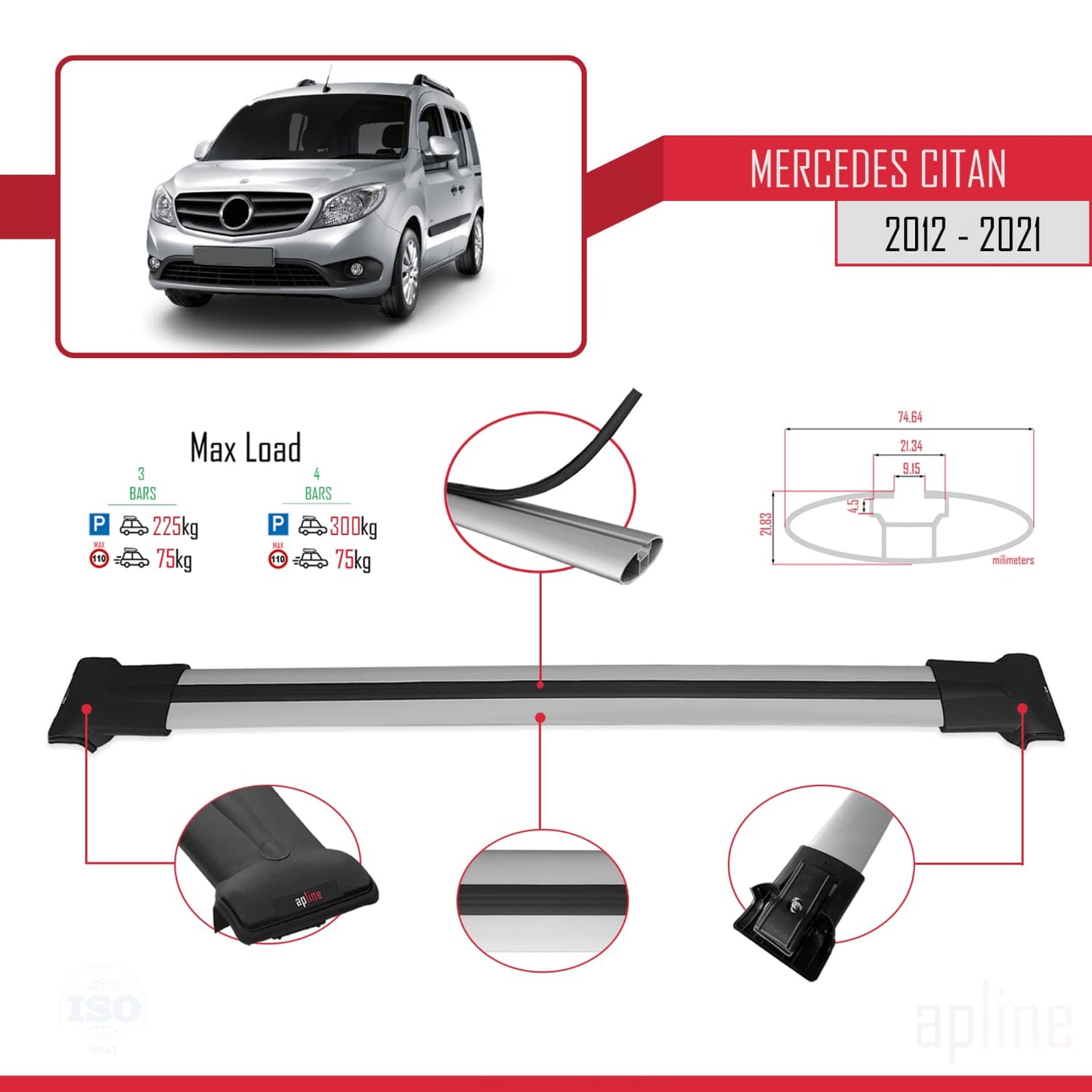 Compatible with Mercedes Citan (W415) 2012-2021 FLY Model Car Roof Rack Cross Bar Grey Aluminium 4 Bars