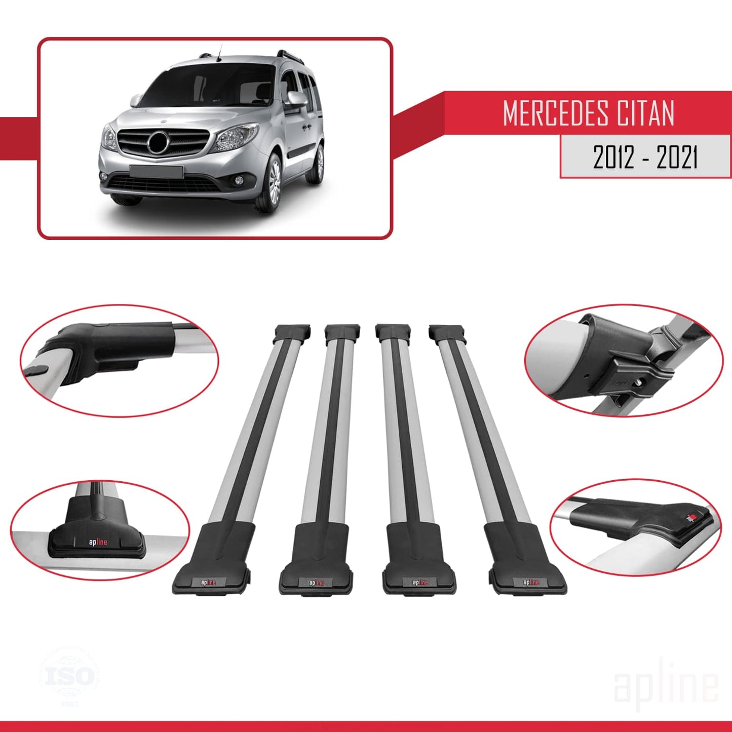 Compatible with Mercedes Citan (W415) 2012-2021 FLY Model Car Roof Rack Cross Bar Grey Aluminium 4 Bars