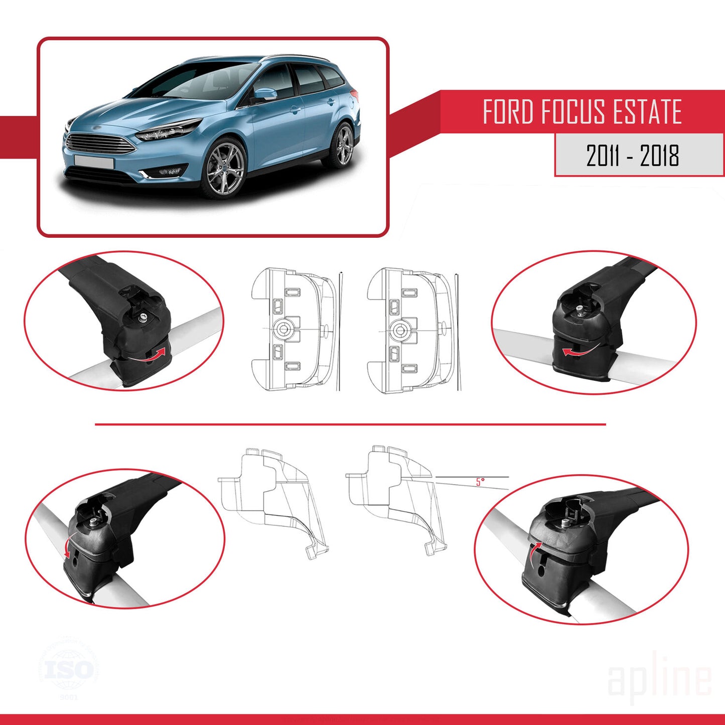 Compatible with Ford Focus 3 (C346) SW 2011-2018 ACE-2 Car Roof Rack Cross Bar Black Aluminium 2 Bars
