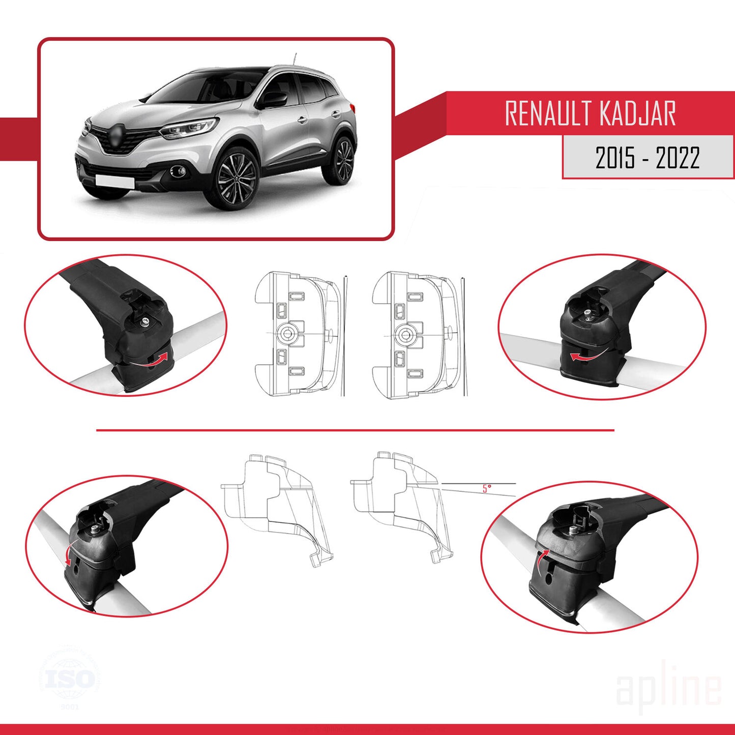 Compatible with Renault Kadjar 2015-2022 ACE-2 Car Roof Rack Cross Bar Black Aluminium 2 Bars
