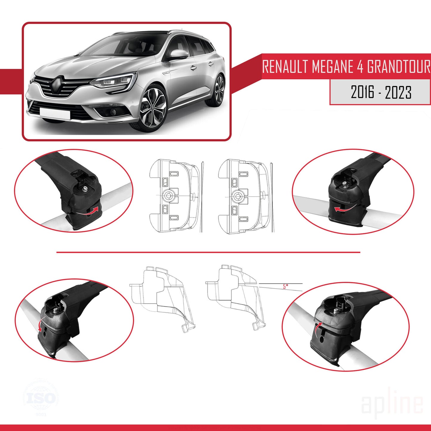 Compatible with Renault Megane 4 (KFB) Grandtour 2016-2023 ACE-2 Car Roof Rack Cross Bar Black Aluminium 2 Bars