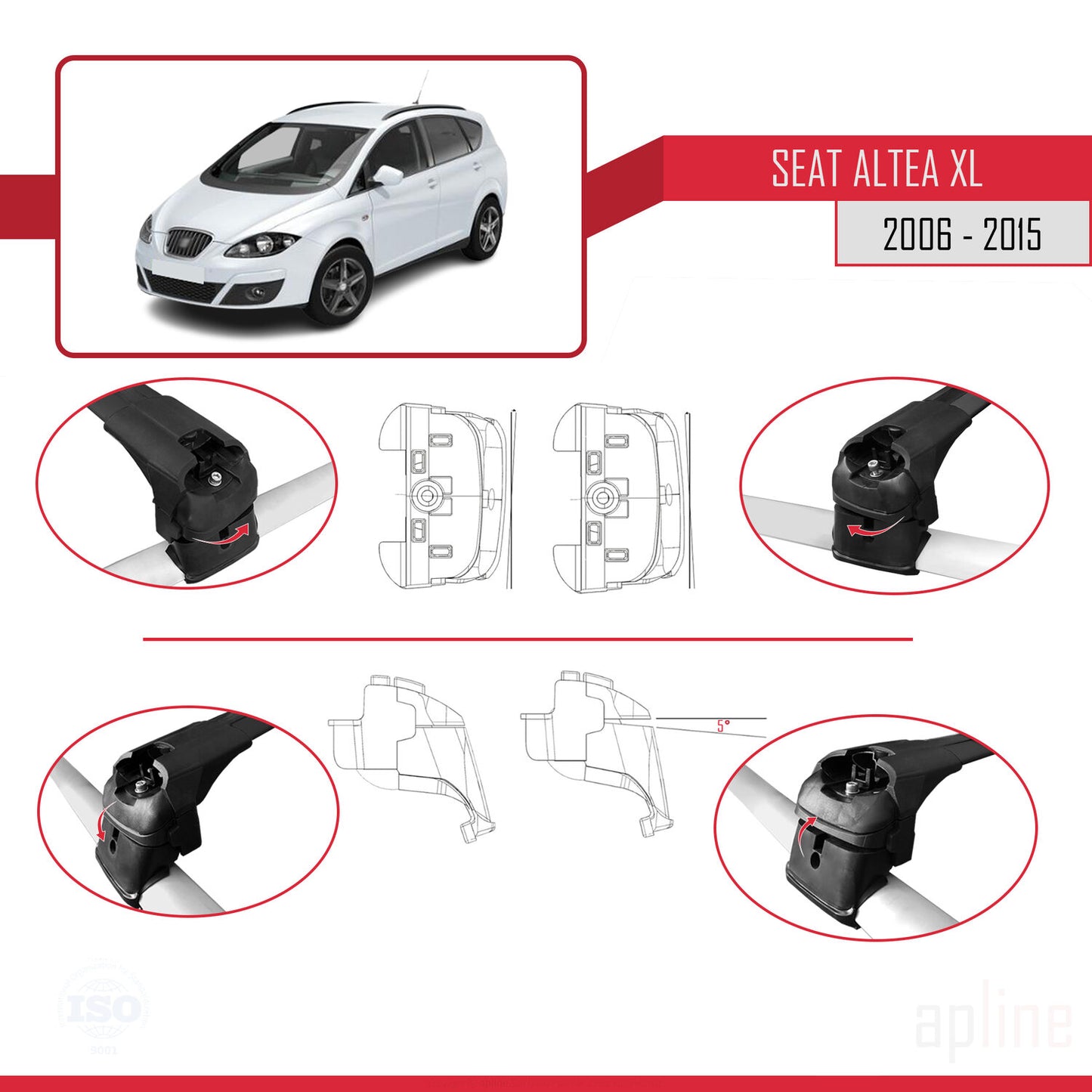 Compatible with Seat Altea XL 2006-2015 ACE-2 Car Roof Rack Cross Bar Black Aluminium 2 Bars