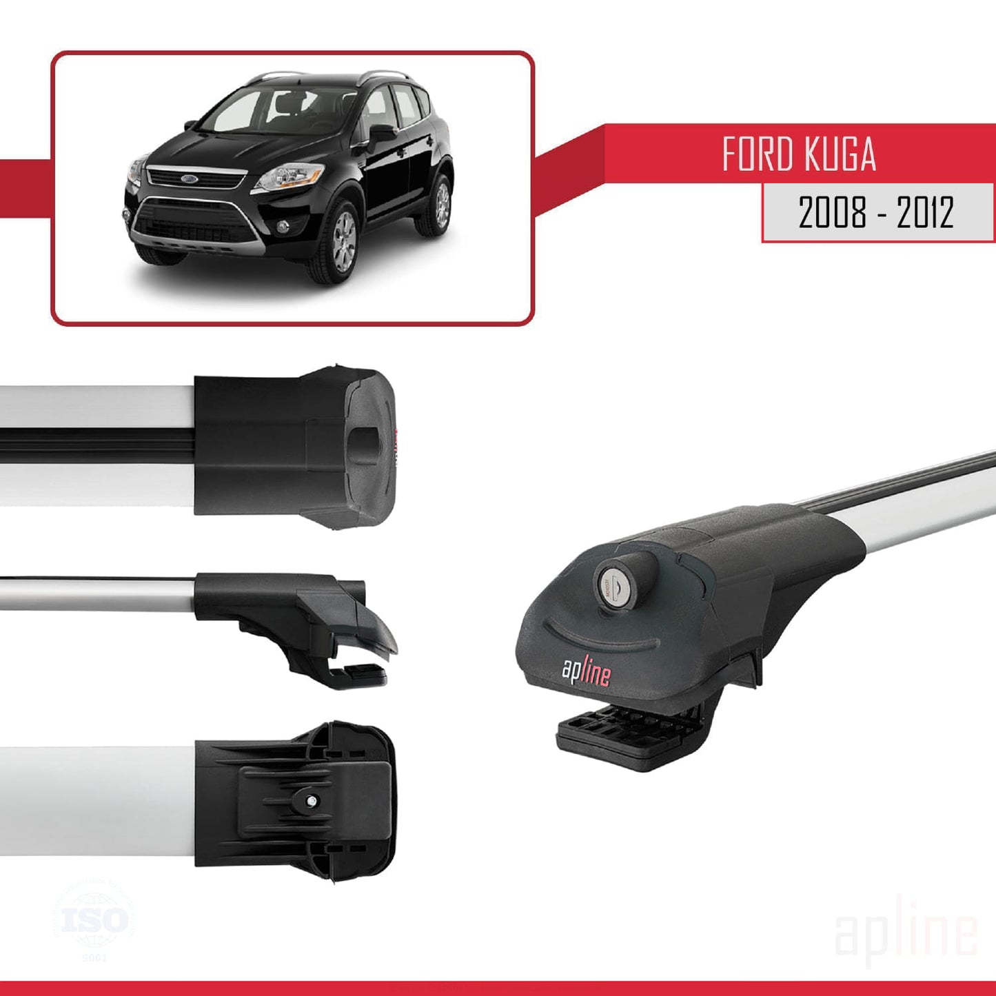 Compatible with Ford Kuga (C394) 2008-2012 ACE-1 Car Roof Rack Cross Bar Grey Aluminium 3 Bars