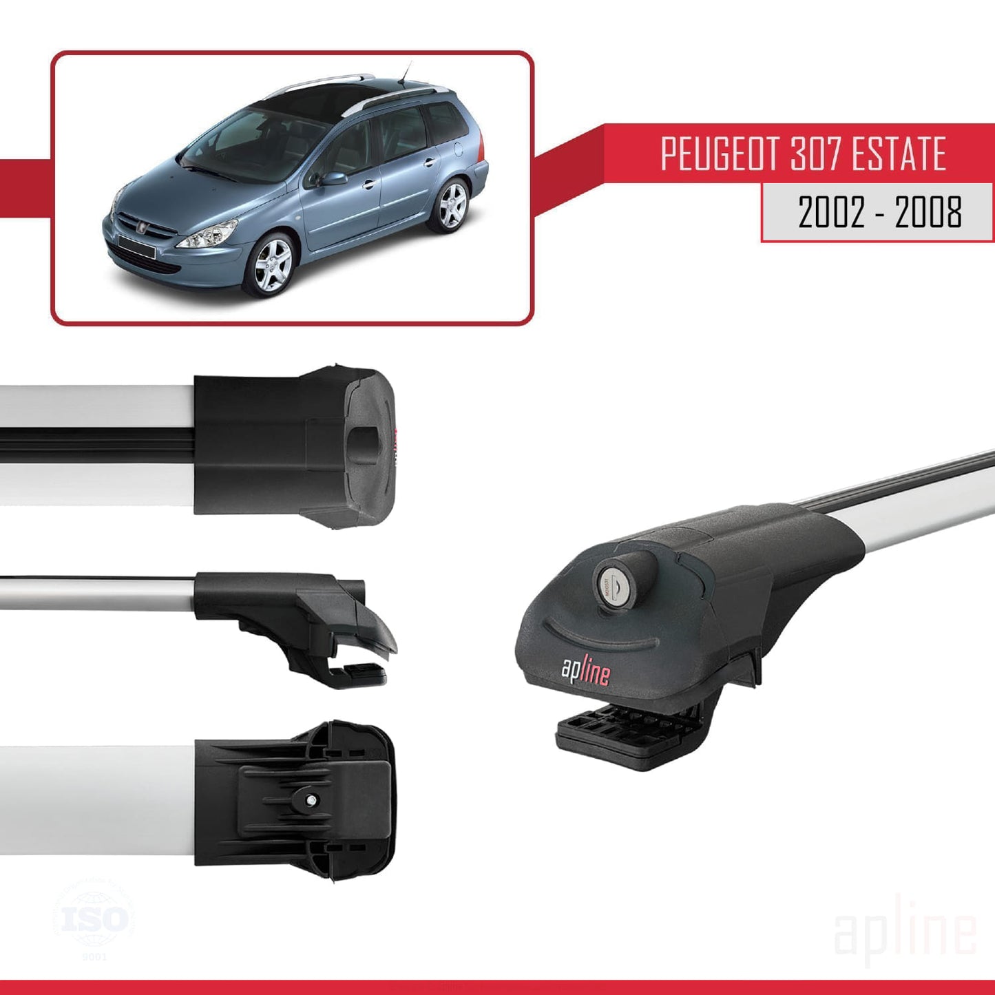 Compatible with Peugeot 307 SW 2002-2008 ACE-1 Car Roof Rack Cross Bar Grey Aluminium 3 Bars