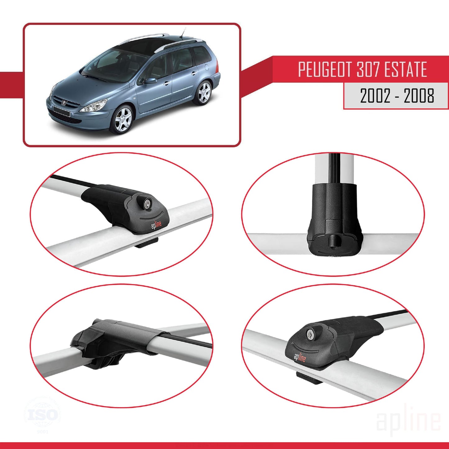 Compatible with Peugeot 307 SW 2002-2008 ACE-1 Car Roof Rack Cross Bar Grey Aluminium 3 Bars