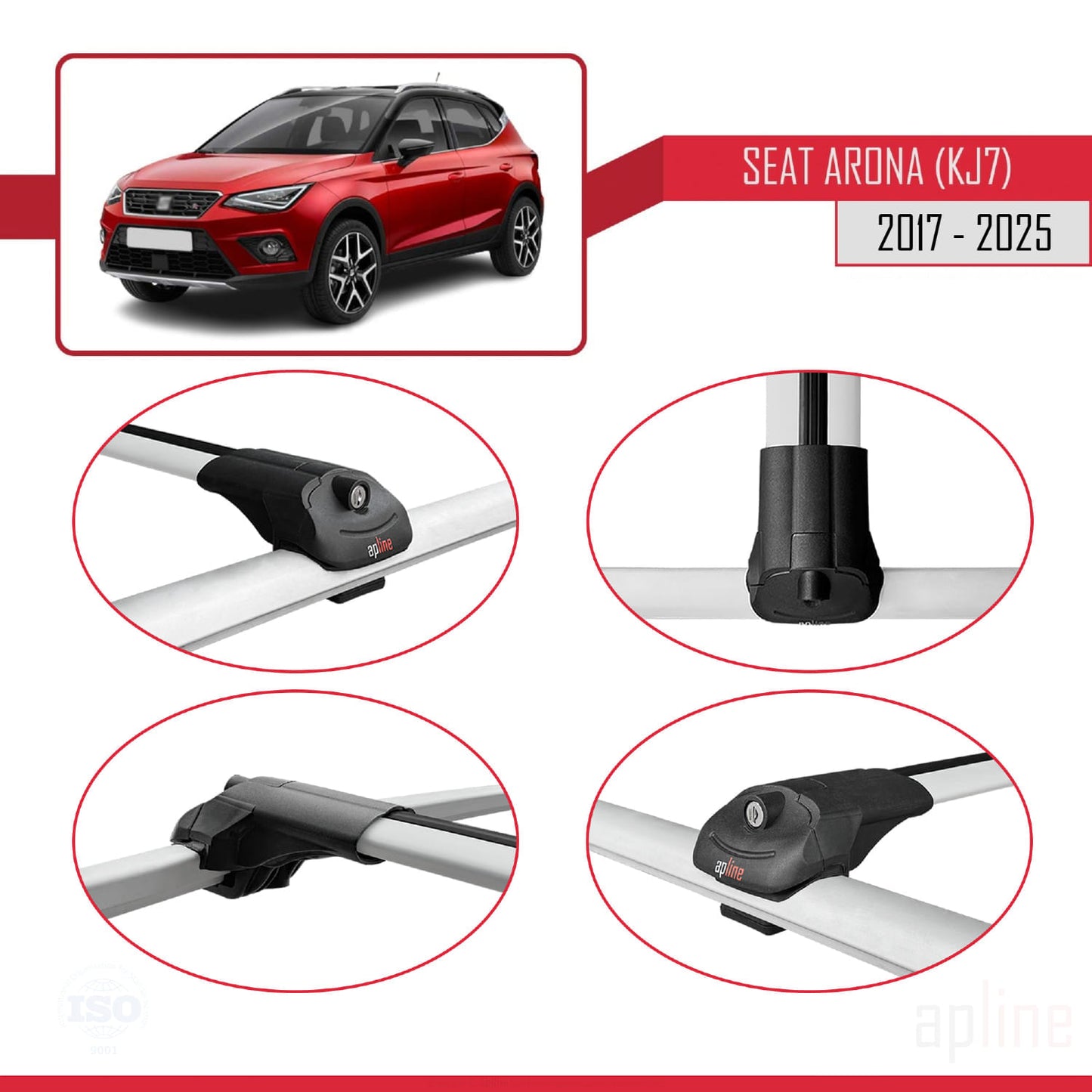 Compatible with Seat Arona (KJ7) 2017-2025 ACE-1 Car Roof Rack Cross Bar Grey Aluminium 3 Bars