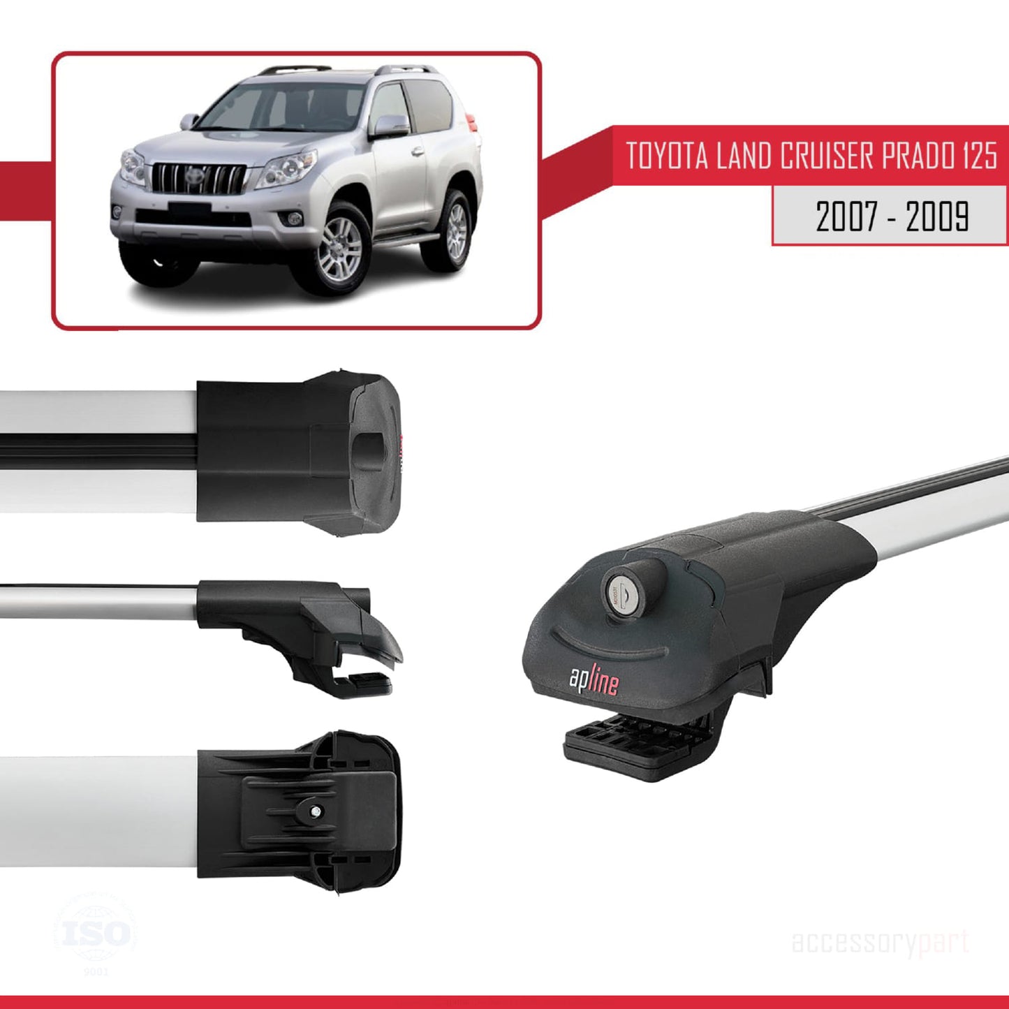 Compatible with Toyota Land Cruiser Prado (J125) 2003-2009 ACE-1 Model Car Roof Rack Cross Bar Gray Aluminium 3 Bars
