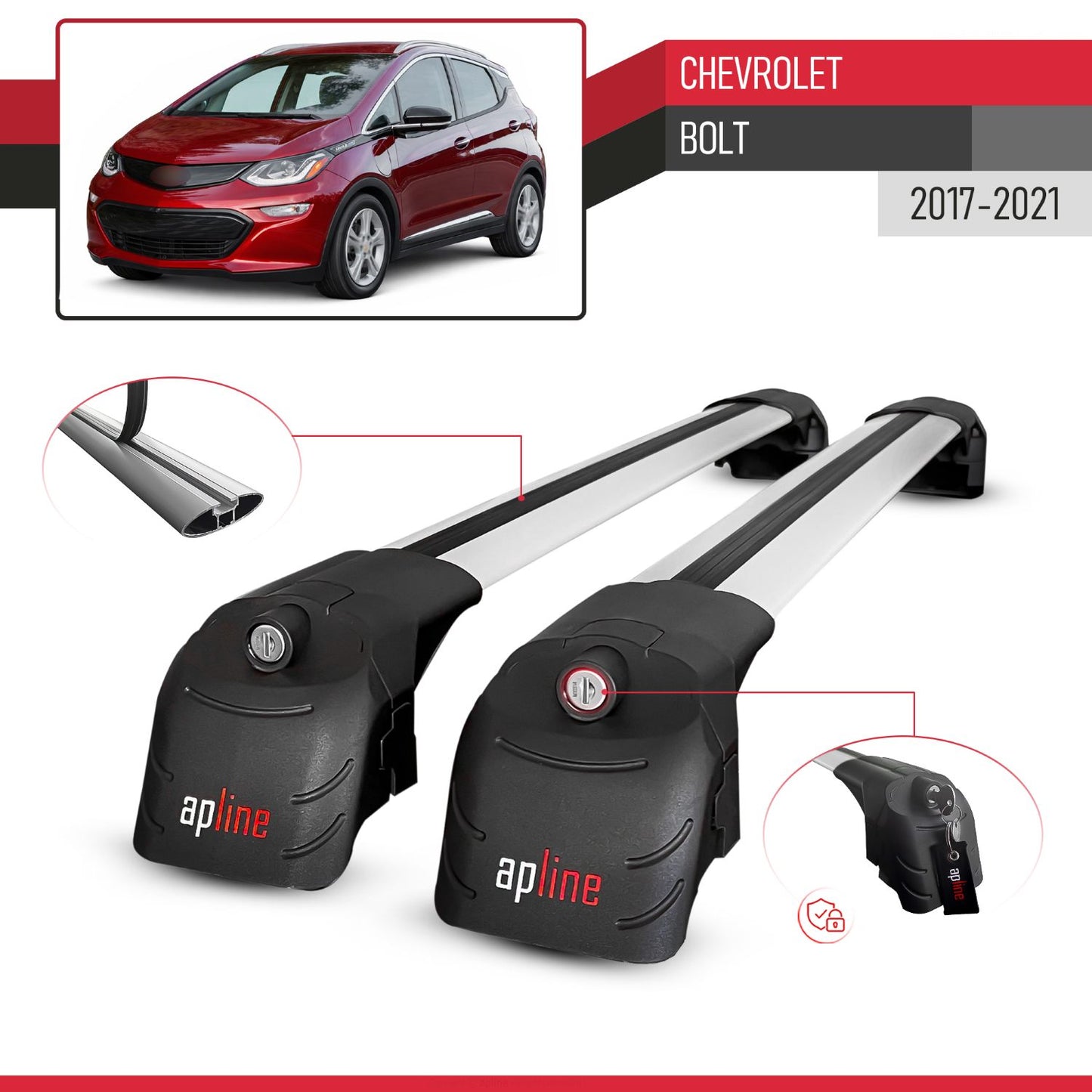 Compatible with Chevrolet Bolt 2017-2021 ACE-2 Model Car Roof Rack Cross Bar Gray Aluminium 2 Bars