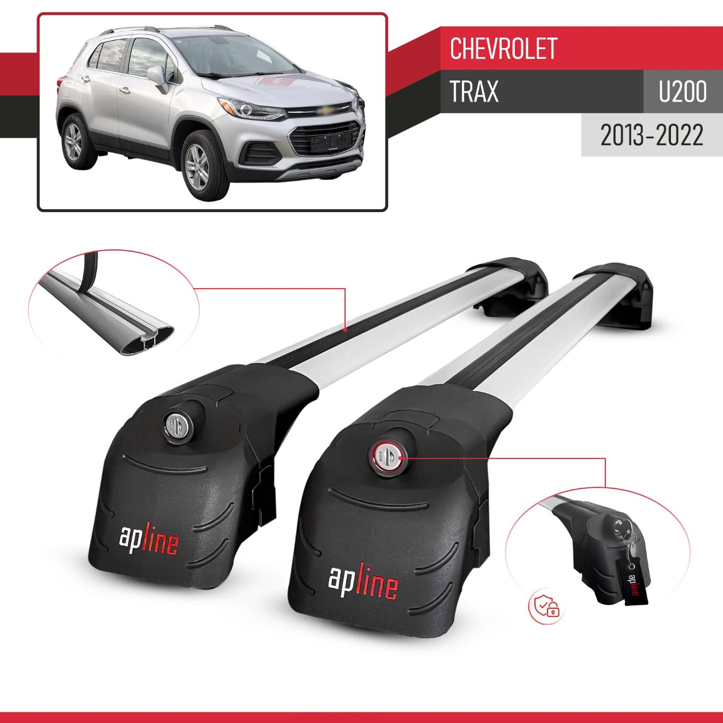 Compatible with Chevrolet Trax (U200) 2013-2022 ACE-2 Car Roof Rack Cross Bar Grey Aluminium 2 Bars