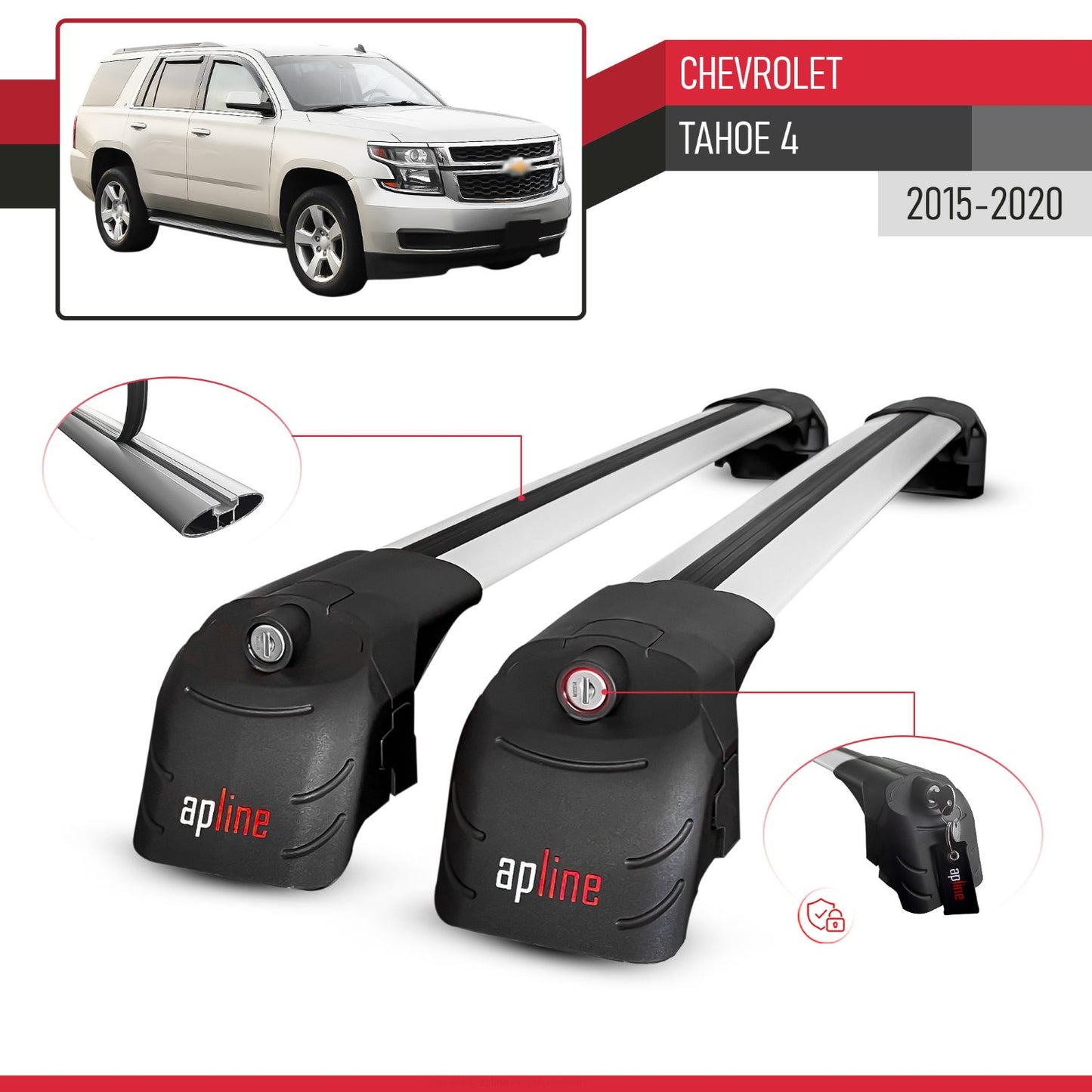 Compatible with Chevrolet Tahoe 4 2015-2020 ACE-2 Model Car Roof Rack Cross Bar Gray Aluminium 2 Bars