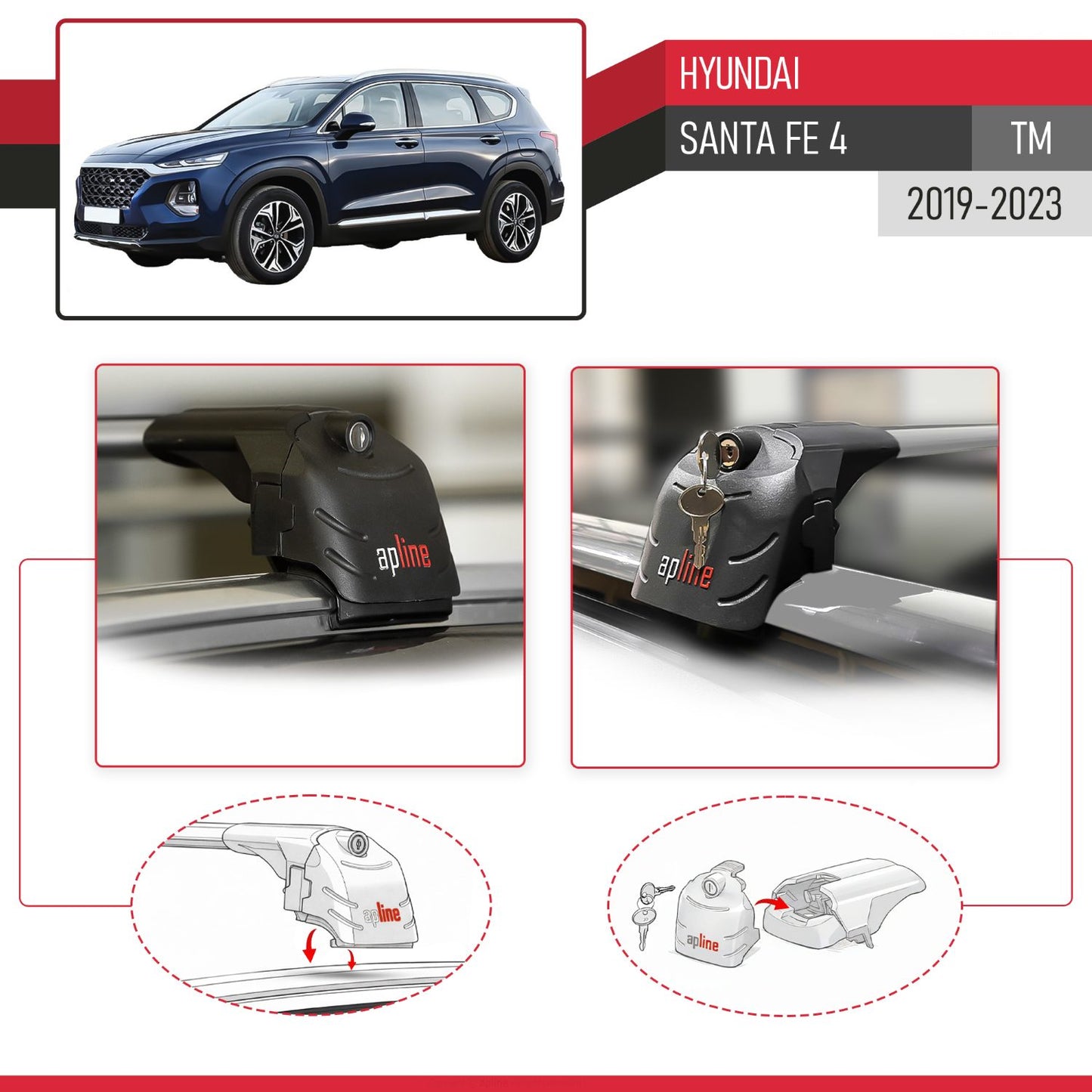 Compatible with Hyundai Santa Fe 4 (TM) 2019-2023 ACE-2 Model Car Roof Rack Cross Bar Gray Aluminium 2 Bars