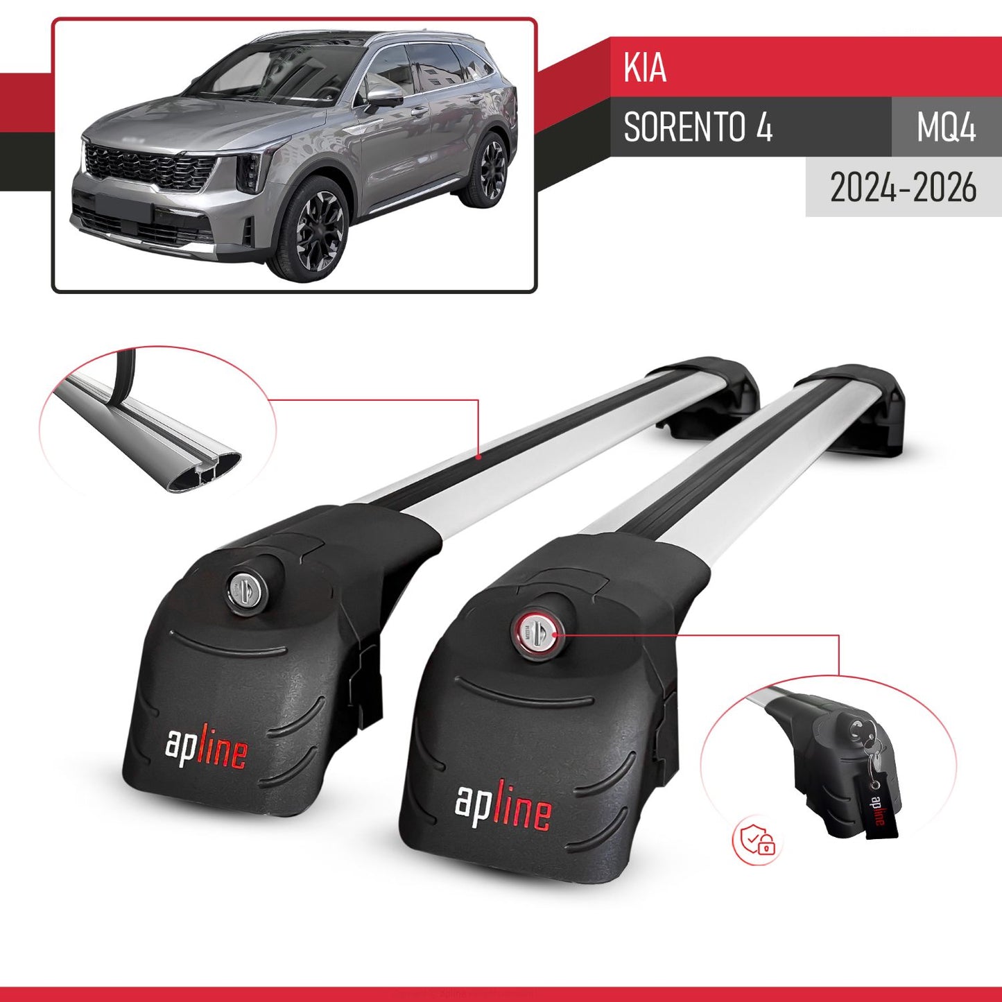 Compatible with Kia Sorento 4 (MQ4) 2021-2026 ACE-2 Model Car Roof Rack Cross Bar Gray Aluminium 2 Bars