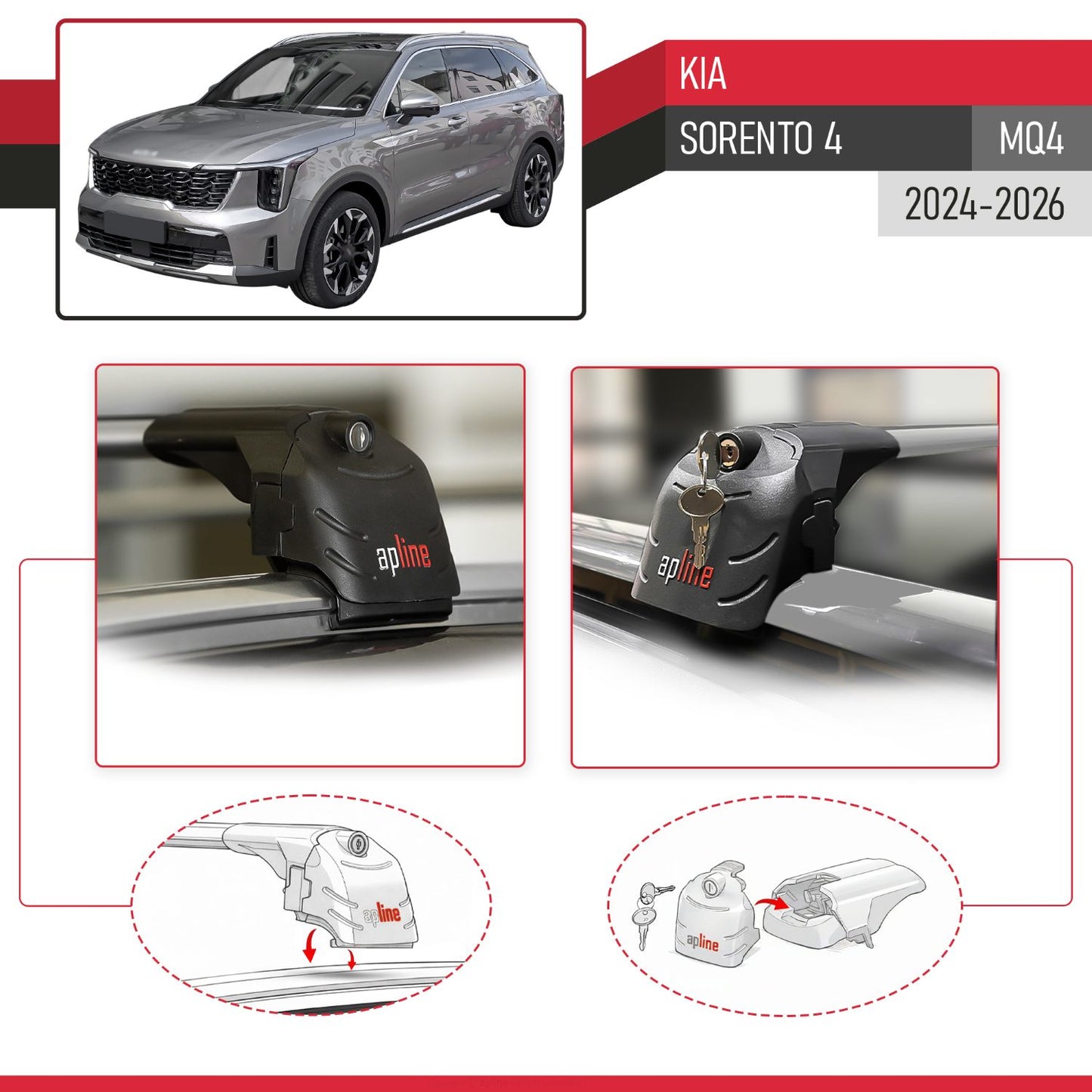 Compatible with Kia Sorento 4 (MQ4) 2021-2026 ACE-2 Model Car Roof Rack Cross Bar Gray Aluminium 2 Bars