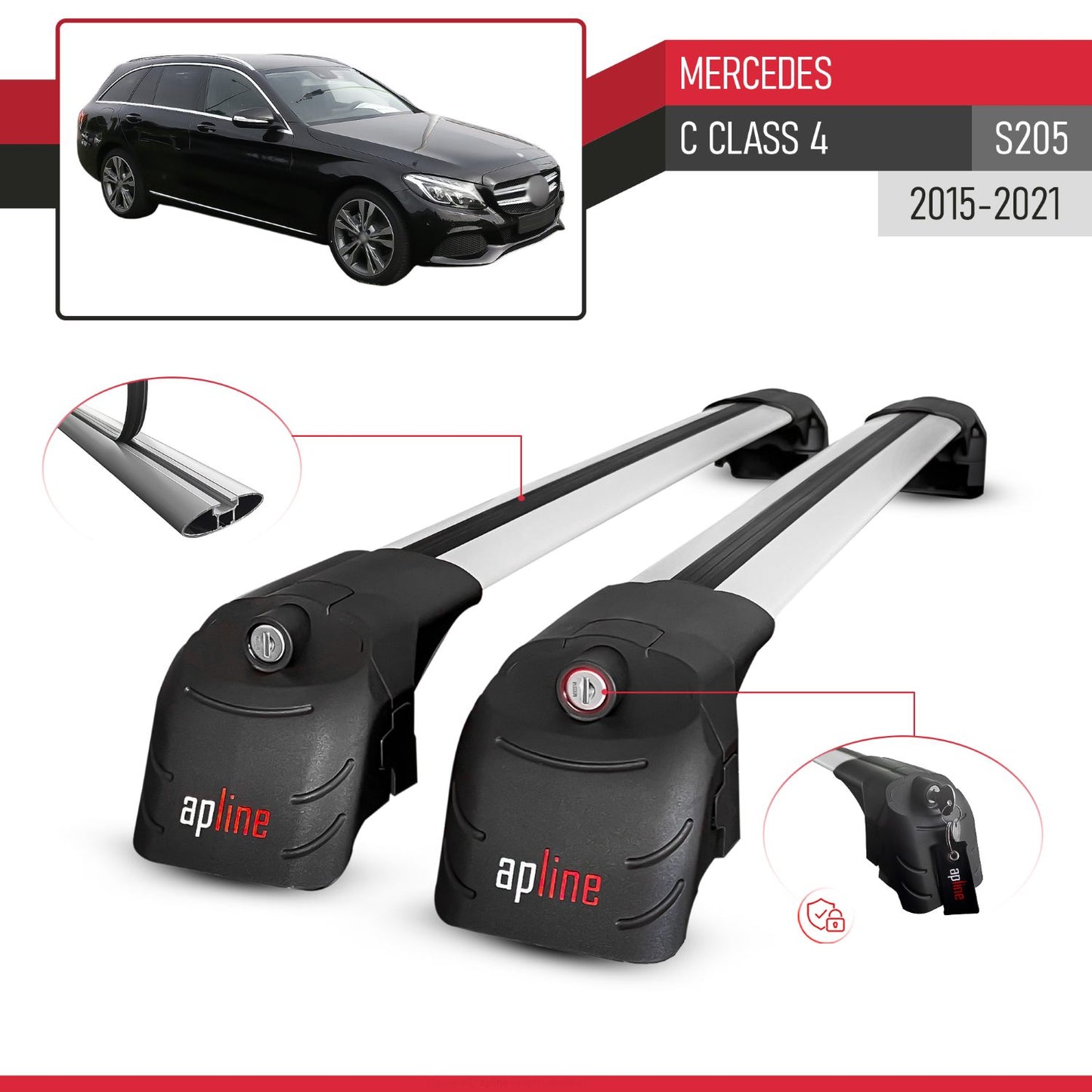 Compatible with Mercedes C Class 4 (S205) 2015-2021 ACE-2 Model Car Roof Rack Cross Bar Gray Aluminium 2 Bars