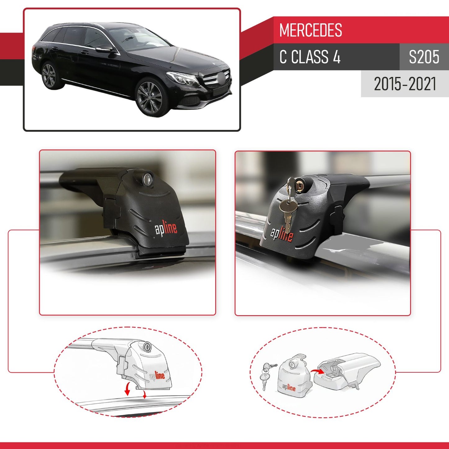 Compatible with Mercedes C Class 4 (S205) 2015-2021 ACE-2 Model Car Roof Rack Cross Bar Gray Aluminium 2 Bars
