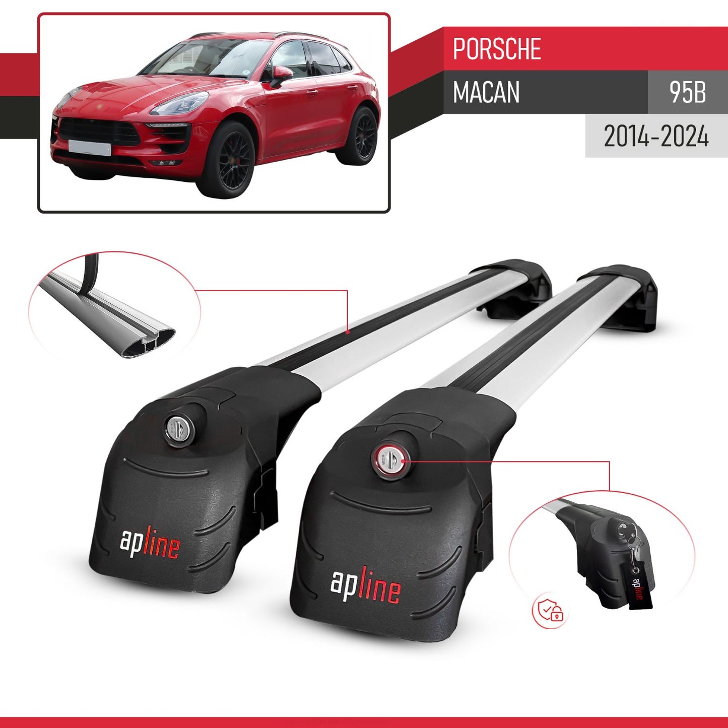 Compatible with Porsche Macan (95B) 2014-2024 ACE-2 Model Car Roof Rack Cross Bar Gray Aluminium 2 Bars