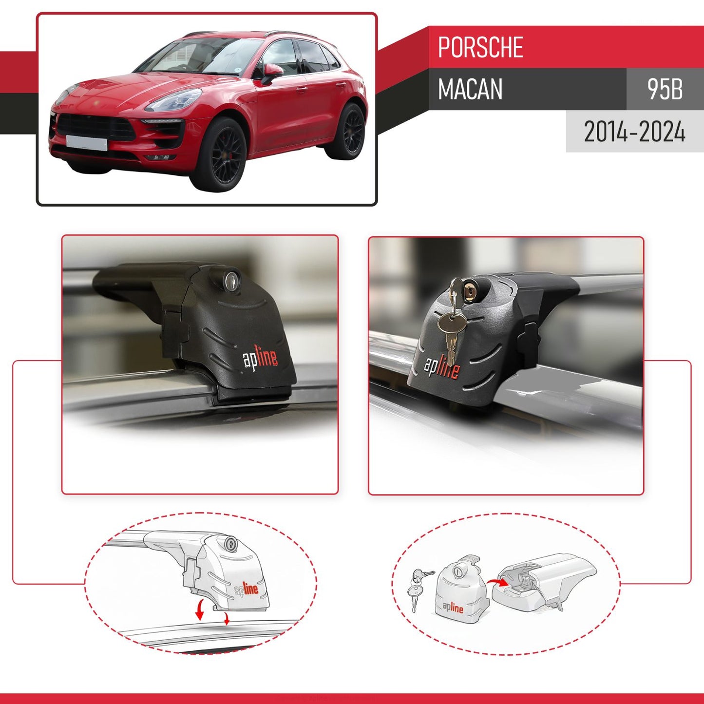 Compatible with Porsche Macan (95B) 2014-2024 ACE-2 Model Car Roof Rack Cross Bar Gray Aluminium 2 Bars