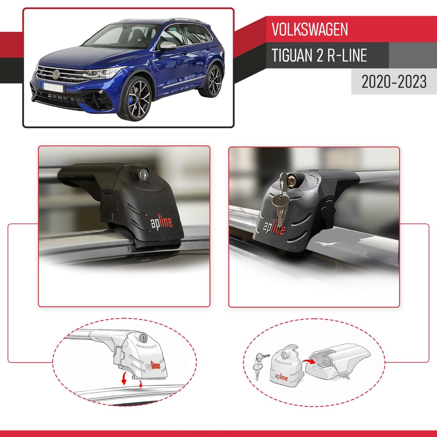 Compatible with Volkswagen Tiguan 2 R-Line Post-Facelift 2020-2023 ACE-2 Model Car Roof Rack Cross Bar Gray Aluminium 2 Bars