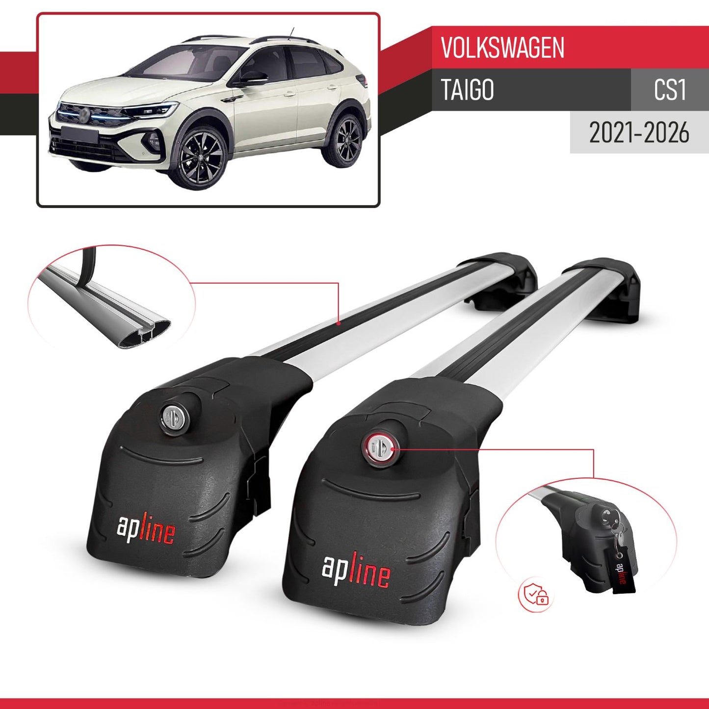 Compatible with Volkswagen Taigo (CS1) 2021-2026 ACE-2 Model Car Roof Rack Cross Bar Gray Aluminium 2 Bars
