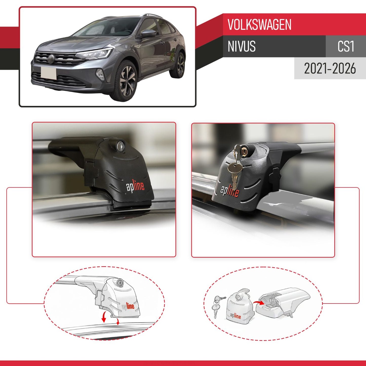Compatible with Volkswagen Nivus (CS1) 2021-2026 ACE-2 Model Car Roof Rack Cross Bar Gray Aluminium 2 Bars