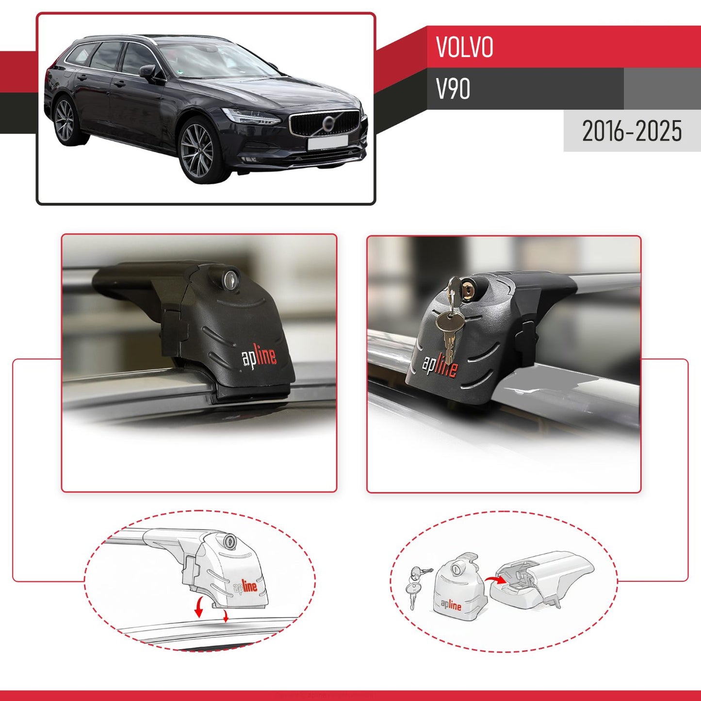 Compatible with Volvo V90 2016-2025 ACE-2 Model Car Roof Rack Cross Bar Gray Aluminium 2 Bars