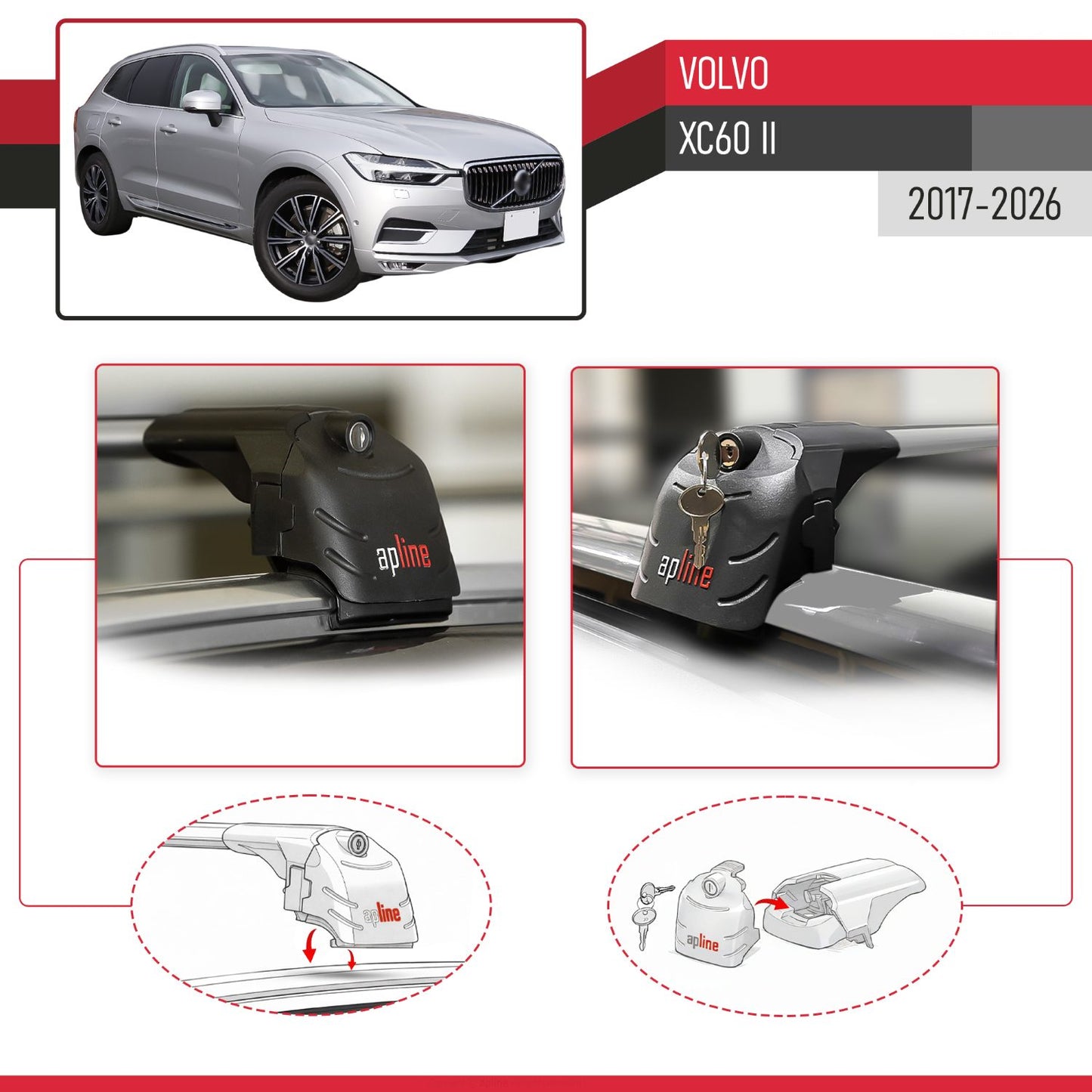 Compatible with Volvo XC60 II 2017-2026 ACE-2 Model Car Roof Rack Cross Bar Gray Aluminium 2 Bars
