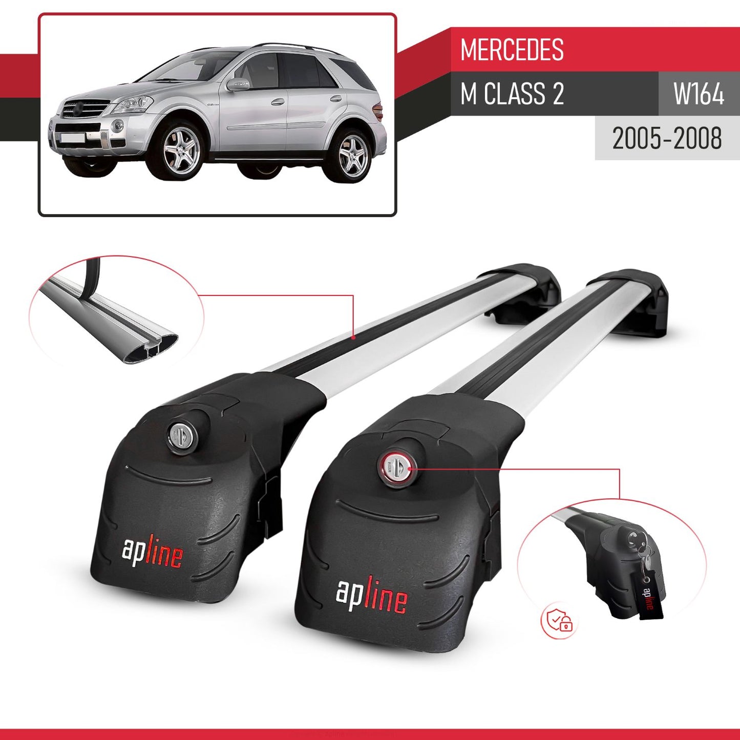 Compatible with Mercedes M Class 2 (W164) Pre-Facelift 2005-2008 ACE-2 Model Car Roof Rack Cross Bar Gray Aluminium 2 Bars