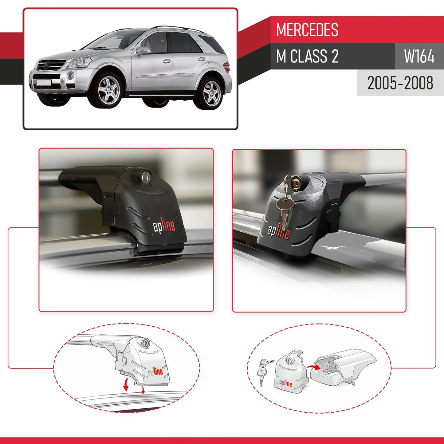 Compatible with Mercedes M Class 2 (W164) Pre-Facelift 2005-2008 ACE-2 Model Car Roof Rack Cross Bar Gray Aluminium 2 Bars