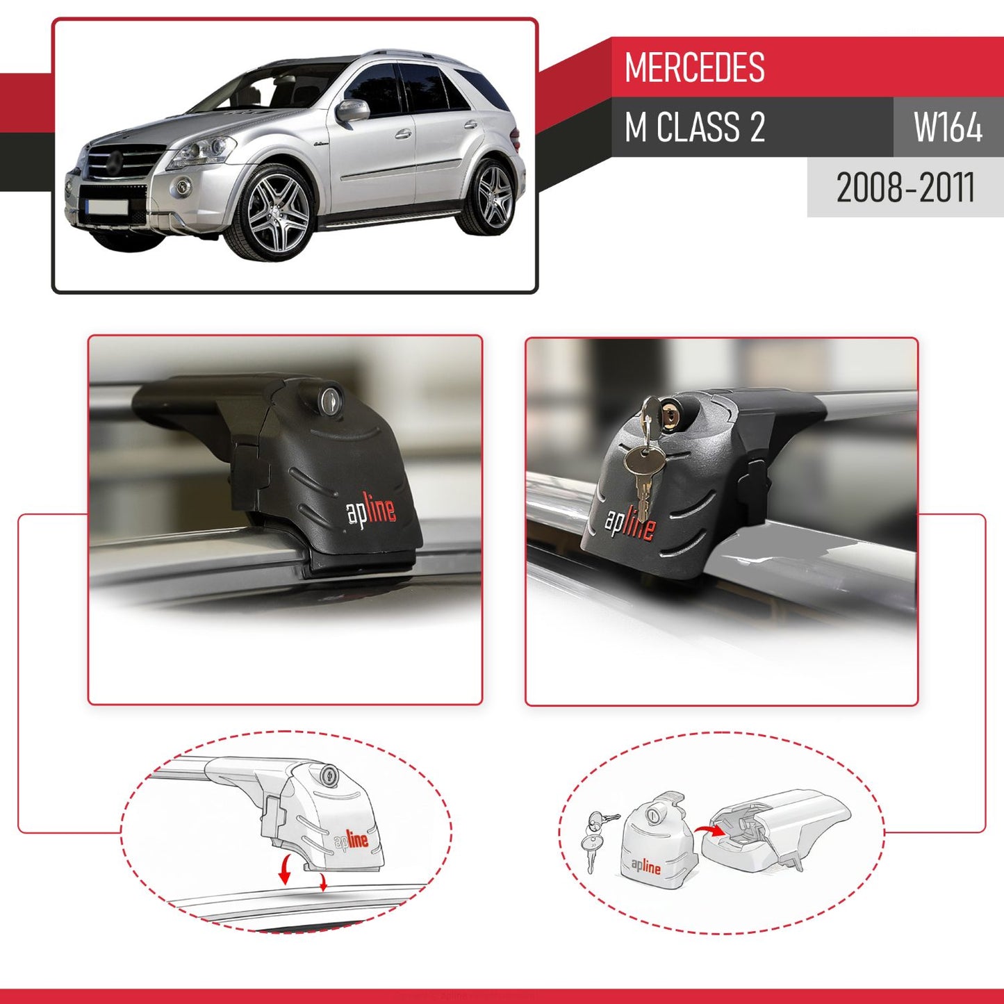 Compatible with Mercedes M Class 2 (W164) Post-Facelift 2008-2011 ACE-2 Model Car Roof Rack Cross Bar Gray Aluminium 2 Bars