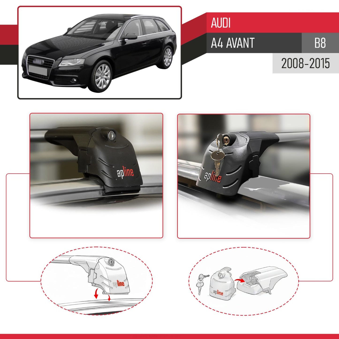 Compatible with Audi A4 (B8) Avant 2008-2015 ACE-2 Model Car Roof Rack Cross Bar Gray Aluminium 2 Bars