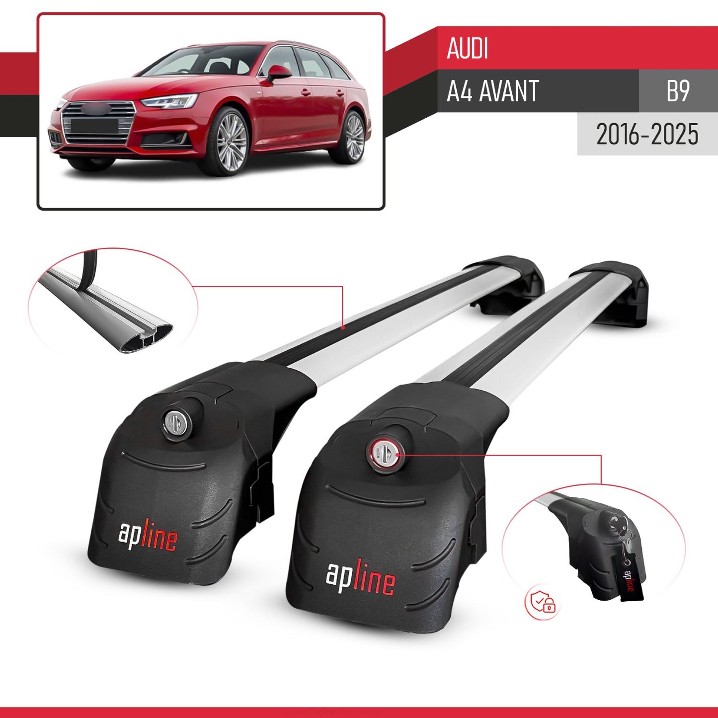 Compatible with Audi A4 (B9) Avant 2016-2025 ACE-2 Model Car Roof Rack Cross Bar Gray Aluminium 2 Bars