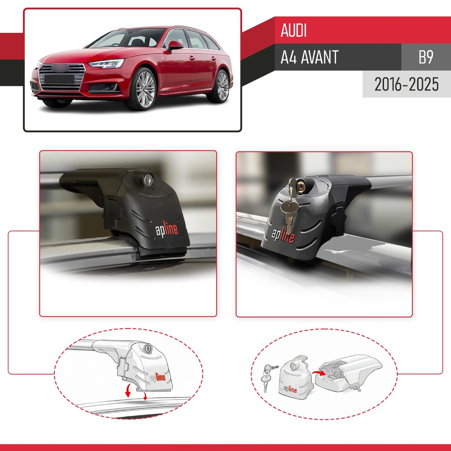 Compatible with Audi A4 (B9) Avant 2016-2025 ACE-2 Model Car Roof Rack Cross Bar Gray Aluminium 2 Bars
