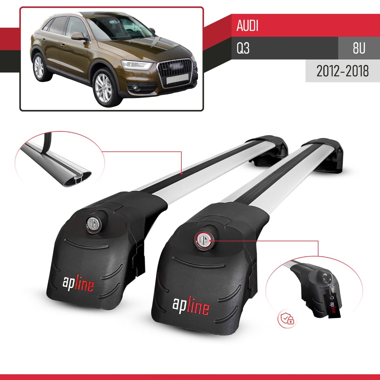 Compatible with Audi Q3 (8U) 2012-2018 ACE-2 Model Car Roof Rack Cross Bar Gray Aluminium 2 Bars