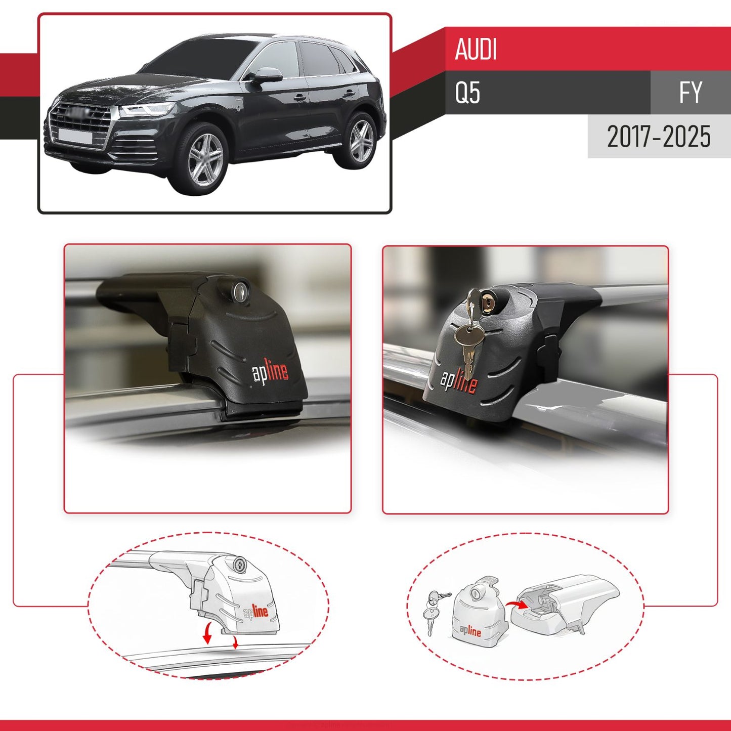 Compatible with Audi Q5 (FY) 2017-2024 ACE-2 Car Roof Rack Cross Bar Grey Aluminium 2 Bars