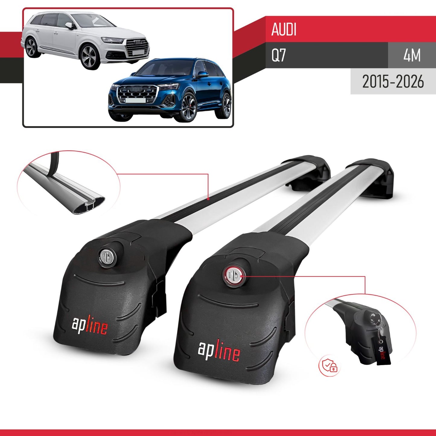 Compatible with Audi Q7 (4M) 2016-2025 ACE-2 Car Roof Rack Cross Bar Grey Aluminium 2 Bars