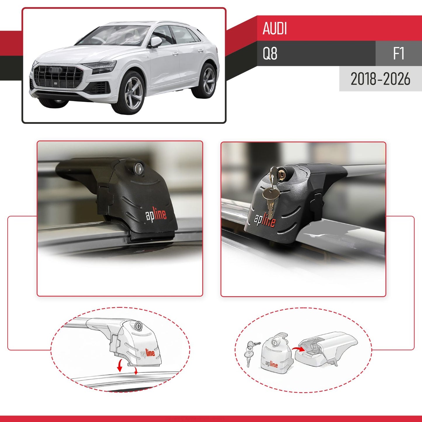 Compatible with Audi Q8 (F1) 2018-2026 ACE-2 Model Car Roof Rack Cross Bar Gray Aluminium 2 Bars