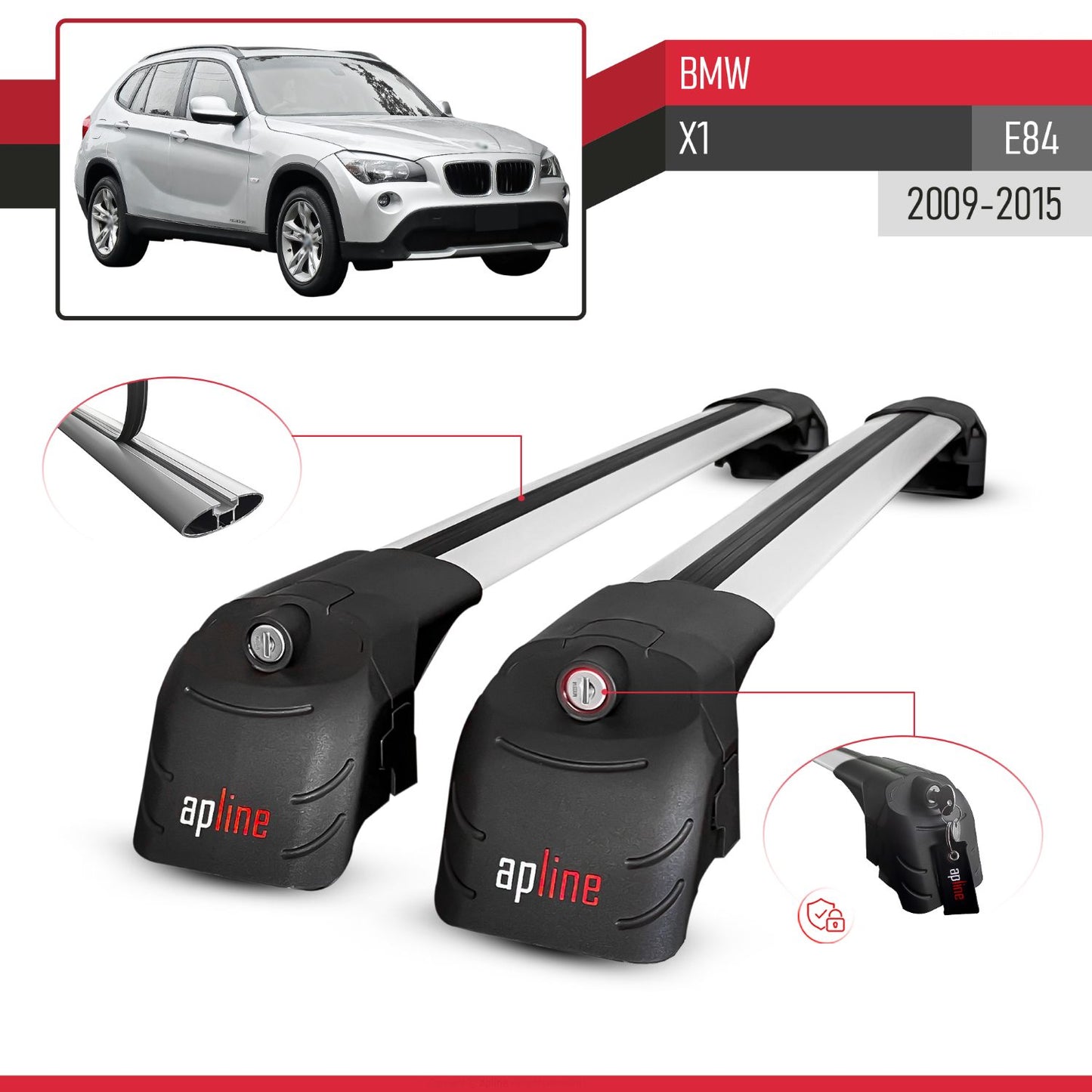 Compatible with BMW X1 (E84) 2009-2015 ACE-2 Model Car Roof Rack Cross Bar Gray Aluminium 2 Bars